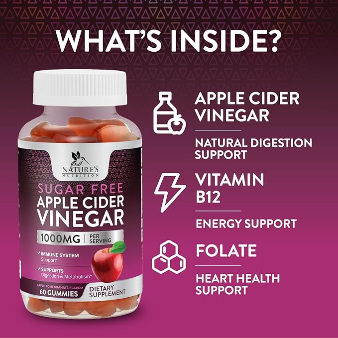 Apple Cider Vinegar Gummies for Weight Loss, Zero Sugar - Apple Cider Vinegar Powder 1000mg Per Serving - Vegan Apple Cider Vinegar Gummy for Detox & Cleanse - Sugar Free ACV Supplement - 60 Gummies