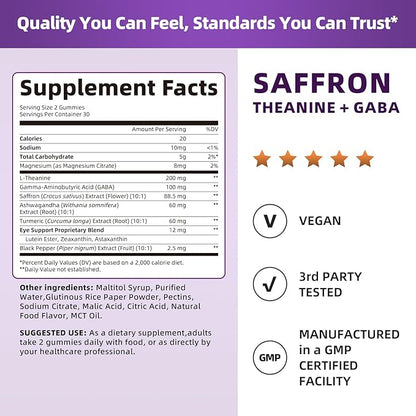 Lukaree 10-in-1 Saffron Gummies Supplements for Mood, Focus & Eye Support with L-Theanine 200mg, GABA, Ashwagandha, Lutein, Zeaxanthin & Astaxanthin, Sugar Free, Vegan, Berry Flavor, 60 Count