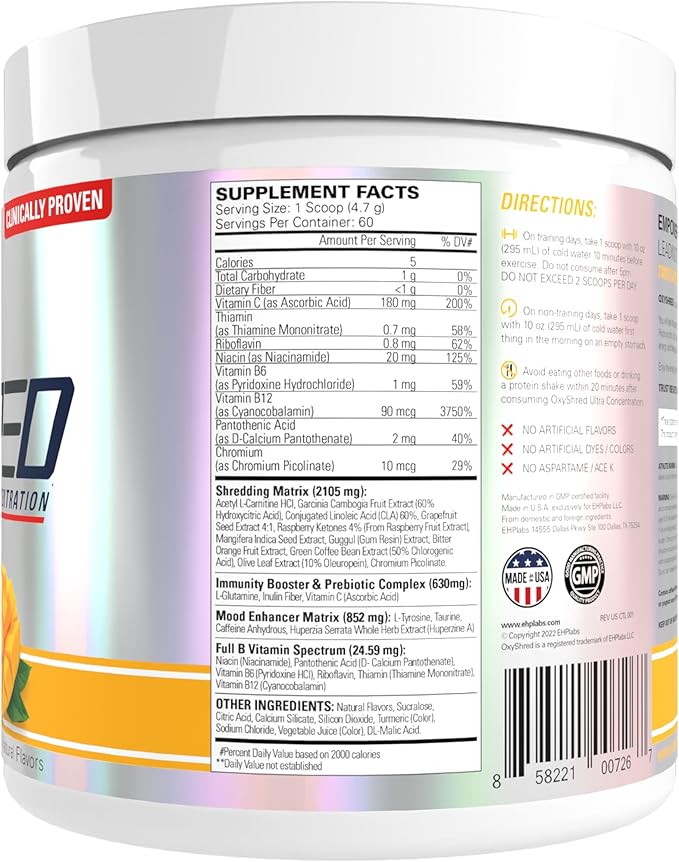 EHP Labs OxyShred Pre Workout Powder - Preworkout Powder with L Glutamine & Acetyl L Carnitine, Energy Boost Drink - Mango, 60 Servings