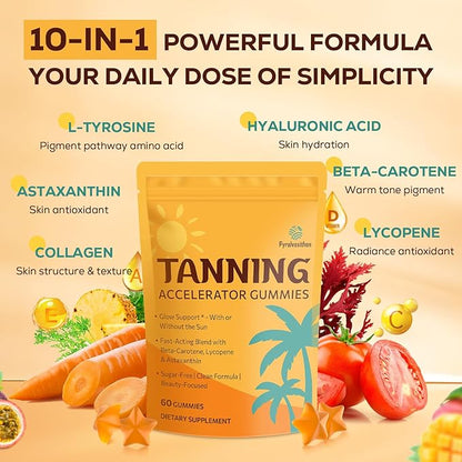 Tanning Gummies with Astaxanthin for Women and Men | Sunless Tanning Supplement with Beta Carotene, Lycopene, Collagen & Vitamins | Skin Radiance & Hydration | Vegan & Sugar Free - 120 Count