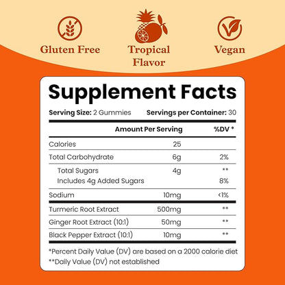 BeLive Turmeric and Ginger Gummies - 500mg - Joint and Mobility Support Supplement - Curcumin with Black Pepper for Enhanced Absorption - Tropical Flavor - 3 Pack, 180 Count