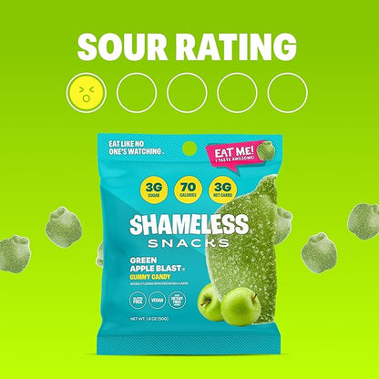 Shameless Snacks - Healthy Low Calorie Snacks, Low Carb Keto Gummies (Gluten Free Candy) - 6 Pack Green Apple Blast