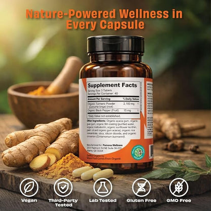 Pomona Wellness Organic Turmeric Supplement 2100 mg, USDA Organic, Non-GMO, Vegan, Turmeric Curcumin with Black Pepper for Absorption, for Joint Support and Immunity, 120 Tablets