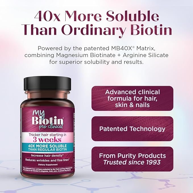 Purity Products MyBiotin ProClinical – Thicker Hair Starting in 3 Weeks & Fights Wrinkles - MB40X Patented Biotin Vitamin B7 Matrix w/Astaxanthin - 40X More Soluble vs Ordinary Biotin, 30 Veg Capsules