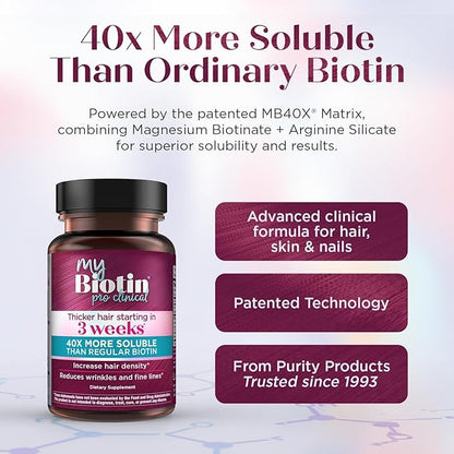 Purity Products MyBiotin ProClinical – Thicker Hair Starting in 3 Weeks & Fights Wrinkles - MB40X Patented Biotin Vitamin B7 Matrix w/Astaxanthin - 40X More Soluble vs Ordinary Biotin, 90 Veg Capsules
