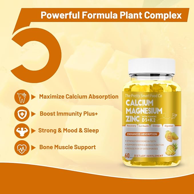 Calcium Magnesium Zinc Gummies with Vitamin D3 & K2 for Bone, Muscle & Immune Support - High Potency Enhanced Absorption - 60 Mango Pineapple Gummies