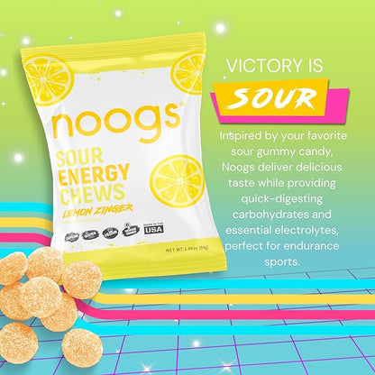 Noogs Sour Energy Chews, Lemon Zinger Electrolyte Energy Gummies, Sour Candy Flavored Alternative to Running Gels, Vegan, Gluten Free & Caffeine Free, 12 Pack