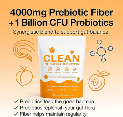 Clean Prebiotic Fiber Gummies for Men - Peach Flavor, Pre+Probiotic Fiber Gummies, Gut Balance, Digestive Support & Daily Clean Confidence, Cleaning Support Gummy 60Gummies
