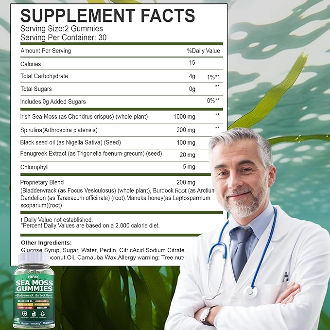 Irish Sea Moss 3000mg Gummies with Bladderwrack, Burdock Root & Manuka Honey - Immune, Thyroid & Detox Support - Seamoss Supplement, Extra Strength - Sugar Free & Vegan (60 Count, Raspberry)