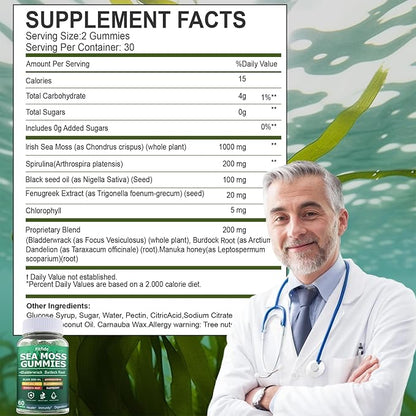 Irish Sea Moss 3000mg Gummies with Bladderwrack, Burdock Root & Manuka Honey - Immune, Thyroid & Detox Support - Seamoss Supplement, Extra Strength - Sugar Free & Vegan (60 Count, Raspberry)