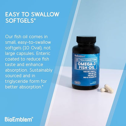 BioEmblem Omega-3 Fish Oil 2000mg - Small Size Softgels, High Absorption Form, Sustainable - 1400mg EPA &DHA Plus Vitamin D3, Non-GMO, Heart, Joint, & Brain Health Fish Oil Supplement, 120 Ct