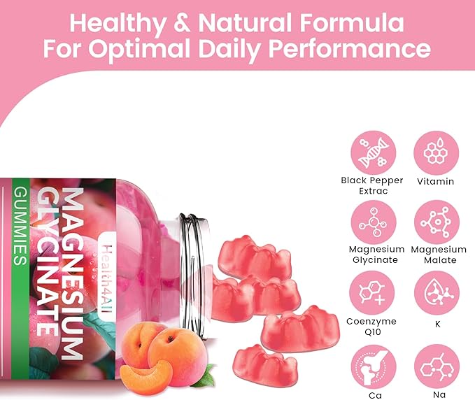 Magnesium Glycinate Gummies 1000mg, High Absorption Sugar Free Magnesium Potassium Supplement for Relaxation, Stress Relief, and Sleep Support for Adults & Kids - 180 Peach Gummies