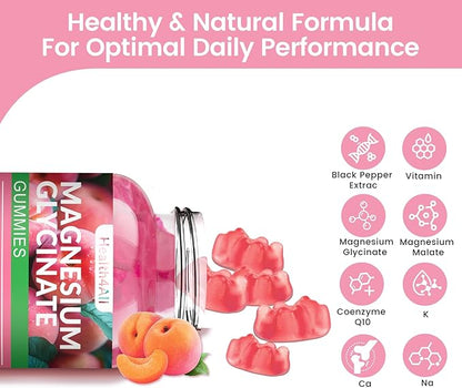 Magnesium Glycinate Gummies 1000mg, High Absorption Sugar Free Magnesium Potassium Supplement for Relaxation, Stress Relief, and Sleep Support for Adults & Kids - 180 Peach Gummies