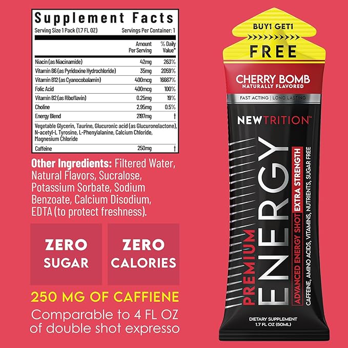 NewTrition® Extra Strength Energy Shots, 1.7 fl oz - 250mg Caffeine with Vitamin B & Amino Acids, Sugar-Free, Zero Calorie Vitamin Energy Drink for Focus & Endurance (Pack of 6, Cherry Bomb)