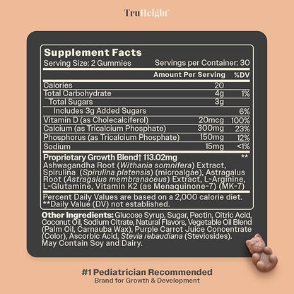 TruHeight Growth Gummies (Watermelon) Tall Nutrition for Natural Growth Supplement for Kids & Teens - Vitamin D, K, Calcium & Ashwagandha, Bone Strength Vitamins D3 K2, Picky Eater, Taller Ages 5+