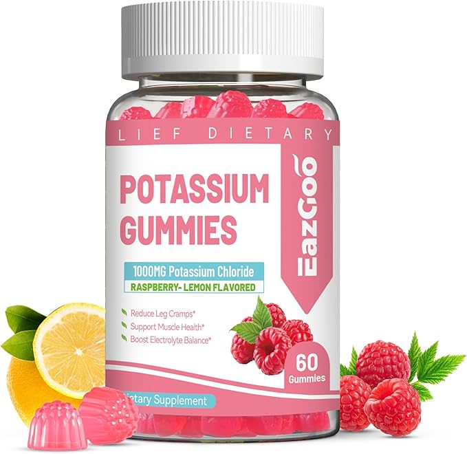 Potassium Gummies, Potassium Chloride 1000mg for Adults, Chewable Potassium Supplement for Women & Men, Support Leg Cramps & Muscle Health - Sugar Free, Vegan,60 Count