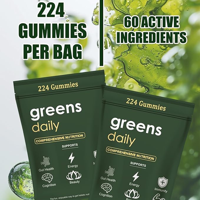 Greens Gummies - Organic Chlorella and Spirulina, Digestive & Gut Health, Formulated with 60+ Ingredients, Multi-Vitamins & Minerals, Daily Gummies, 224 Gummies Bear