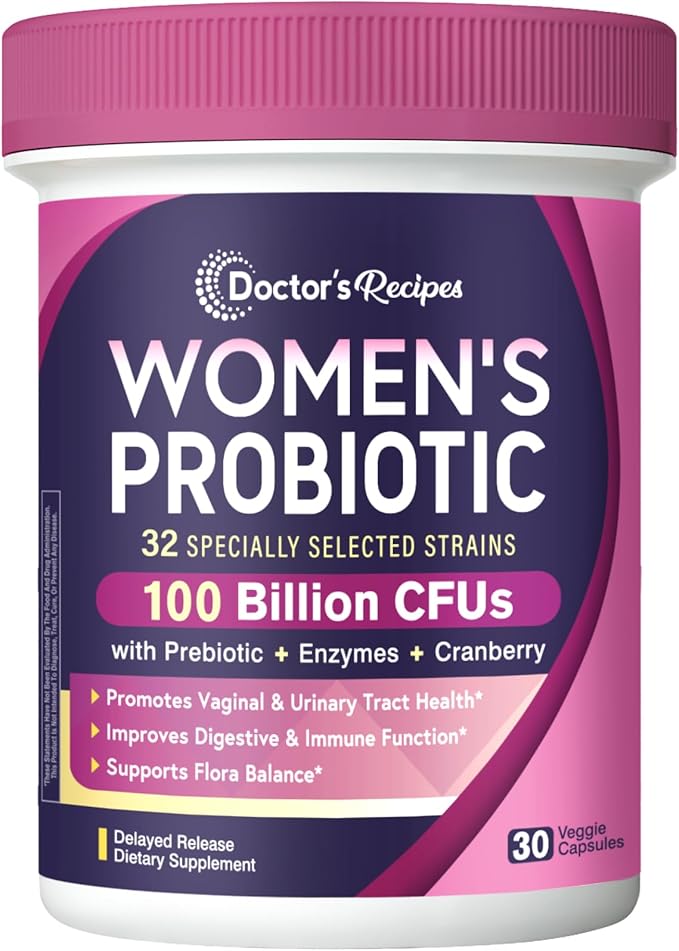 Doctor's Recipes Probiotics for Women, 100 Billion CFU 32 Strains, with Prebiotic, Enzymes & Cranberry, Shelf Stable, Delayed Release, 30 Caps