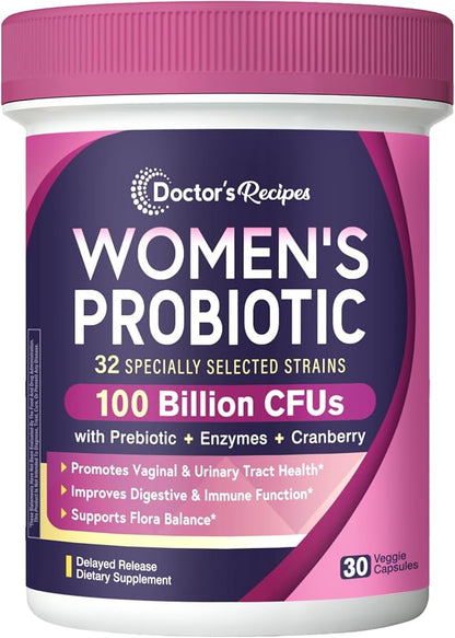 Doctor's Recipes Probiotics for Women, 100 Billion CFU 32 Strains, with Prebiotic, Enzymes & Cranberry, Shelf Stable, Delayed Release, 30 Caps