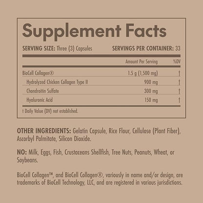 Olympian Labs Biocell Collagen II 1500mg Supplement Capsules Non-GMO, Gluten-Free, Allergan-Free - Supports Skin & Joint Health and Cartilage Producing Cells - 100 Capsules (33 Day Supply)