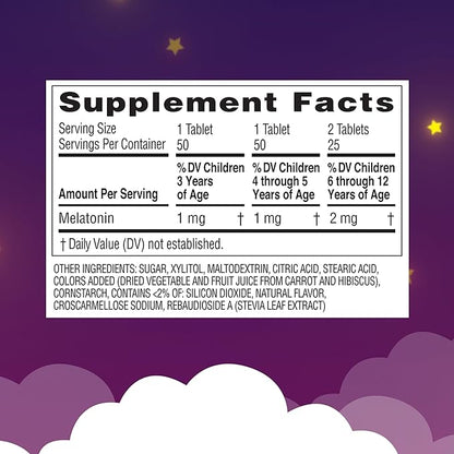 Zarbee's Kids Melatonin Chewable Tablet, 1mg Melatonin, Drug-Free & Effective Sleep Supplement, Natural Grape Flavor, No Artificial Sweeteners or Dyes, Gluten Free, Ages 3+, 50 ct