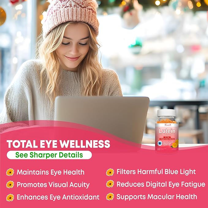 Lutein and Zeaxanthin Supplements Gummies, Advanced Eye Vitamin Supplement with Bilberry, Saffron, Grape Seed, Omega 3 for Macular Health, Dry Eye, Visual Function - Orange Flavor, 60 Count