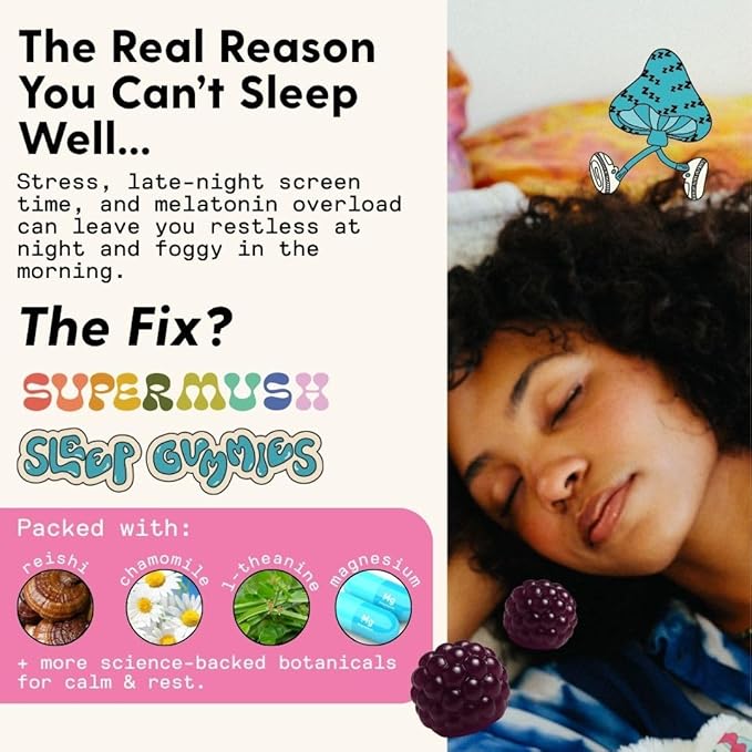 SuperMush Sleep Gummies for Adults - Mushroom Supplement with Magnesium Citrate, L-Theanine, Chaga, Reishi & Chamomile for Deep Sleep, REM & Detox - Vegan & Sugar-Free - 60 Gummies (30 Servings)