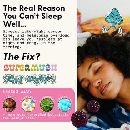 SuperMush Sleep Gummies for Adults - Mushroom Supplement with Magnesium Citrate, L-Theanine, Chaga, Reishi & Chamomile for Deep Sleep, REM & Detox - Vegan & Sugar-Free - 60 Gummies (30 Servings)