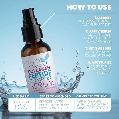 Eva Naturals Multi Peptide Face Serum – Anti Aging Collagen Peptides for Plump & Firm Skin Elasticity, Wrinkle & Fine Line Renewal, Fragrance Free Firming Facial Skincare - 1 oz