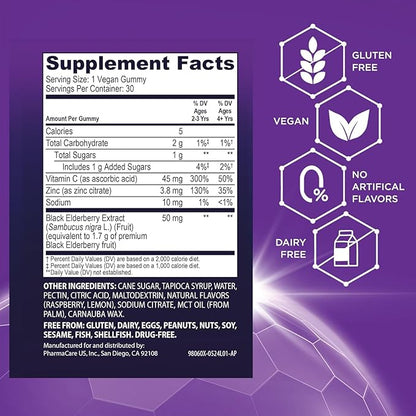 Sambucol Black Elderberry Gummies for Kids - Elderberry Gummies with Zinc and Vitamin C, Chewable Supplement for Kids, Low Sugar, Berry Flavor - 30 Count