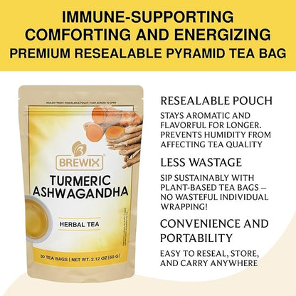 BREWIX, Turmeric Tea with Ashwagandha Root and Black Pepper (30 Plant Based Tea Bags) Caffeine-Free for Relaxation & Daily Stress Support | Herbal Tea For Health & Wellbeing | Supports Restful Sleep