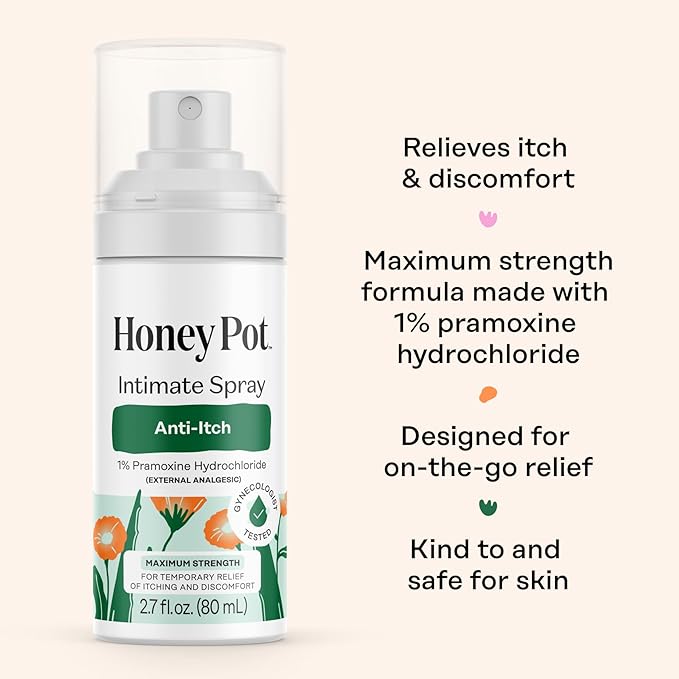 The Honey Pot Company - Feminine Anti-Itch Spray - At Home or On the Go Medicated to Relieve Itch and Irritation. Maximum Strength - 2.71 fl. Oz.