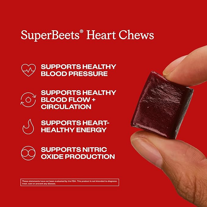 Humann SuperBeets Heart Chews, Beet Root Powder Support Energy Supplement, Nitric Oxide and Blood Pressure Support, Grape Seed Extract & Non-GMO, Heart Health, Pomegranate Berry Flavor, 180 Count