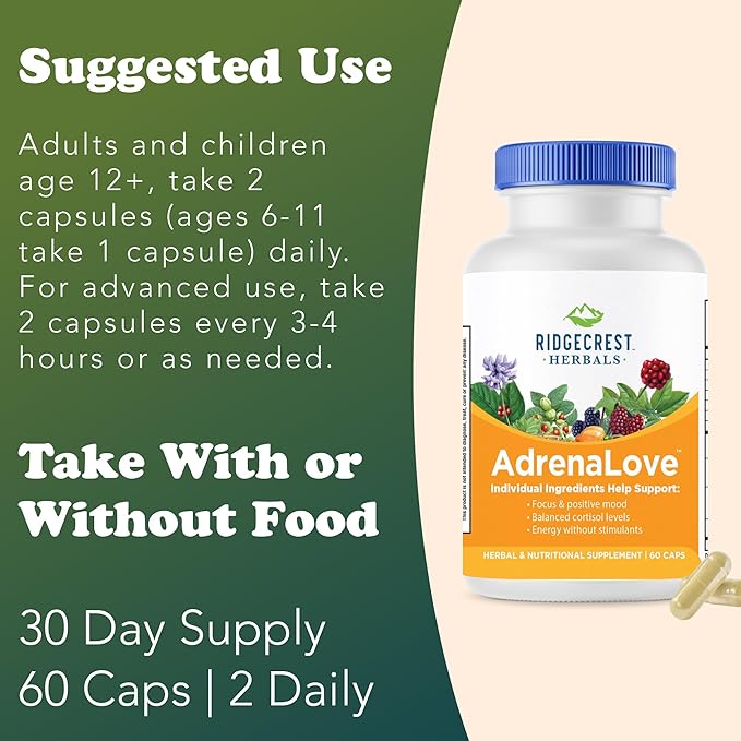 Ridgecrest Herbals AdrenaLove, Stress and Energy Support Supplement (60 Vegan Caps, 30 Serv)