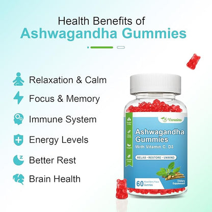 2 Pack Ashwagandha Gummies with Vitamin D for Women & Men, Sugar Free Vegan 1000MG Ashwagandha Supplement Gummy & Vitamin C, 120 Count