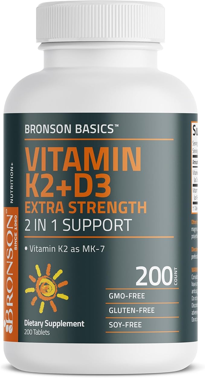 Bronson Vitamin K2 (MK7) with D3 Supplement Extra Strength 2 in 1 Support, 10,000 IU Vitamin D3 & 120 mcg K2 MK-7, 200 Tablets