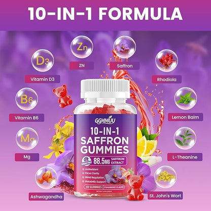 2 Pack Saffron Supplement Gummies, 10-in-1 Cortisol Supplement with Saffron 88.5mg, Magnesium, Rhodiola Rosea, Ashwagandha, L-Theanine, St. John's Wort, for Calm, Focus, Relaxation, 120 Count