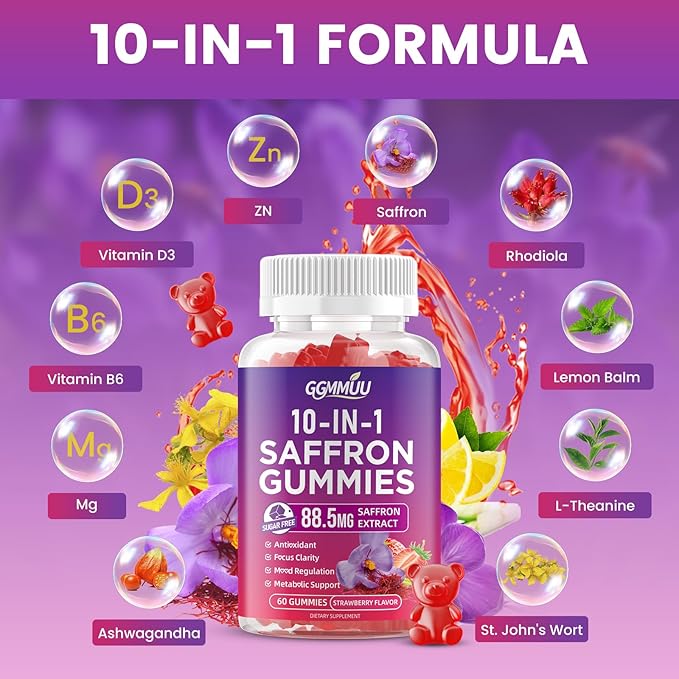 Saffron Supplement Gummies, 10-in-1 Cortisol Supplement with Saffron 88.5mg, Magnesium, Rhodiola Rosea, Ashwagandha, L-Theanine, St. John's Wort, for Calm, Focus & Relaxation, 60 Count