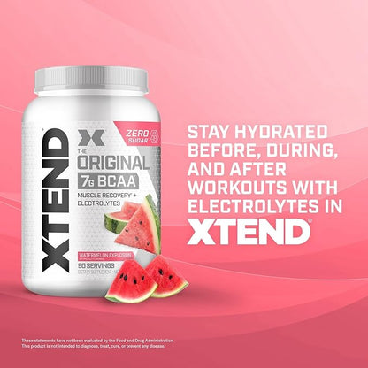 Xtend Original BCAA Powder, 7g BCAAs and 2.5g L-Glutamine for Muscle Recovery Hydration and Lean Muscle, Sugar Free Intra and Post Workout Drink with Electrolytes, Watermelon Explosion, 90 Servings