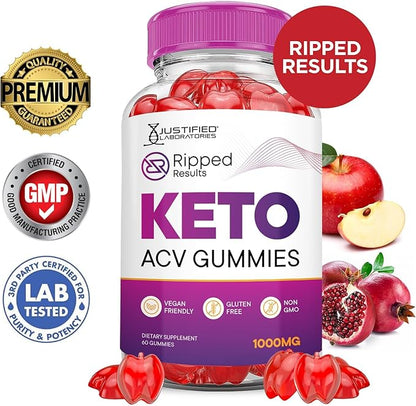 Justified Laboratories (5 Pack Ripped Results Keto ACV Gummies Advanced Formula 1000MG Ripped Results Formulated with Pomegranate Beet Juice Powder B12 Vegan Non GMO 300 Gummys