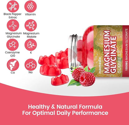 Magnesium Glycinate Gummies 1000mg, Sugar Free Magnesium Potassium Supplements Chewable for Adults with L-Threonate for Sleep, Body Support and Relaxation,90 Raspberry Gummies