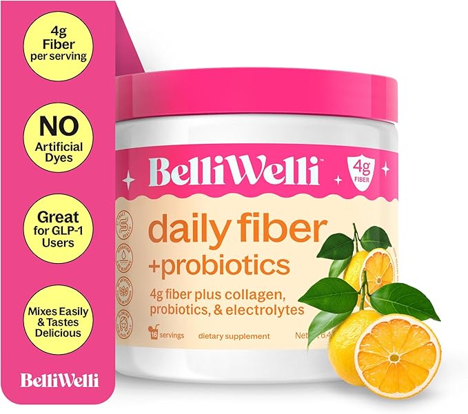 BelliWelli Fiber Supplement for Women & Men - Premium Daily Fiber Powder from Organic Acacia with Added Collagen, Electrolytes & Probiotics-No Bloat, Constipation & Gut Health Support (Yuzu Mandarin)
