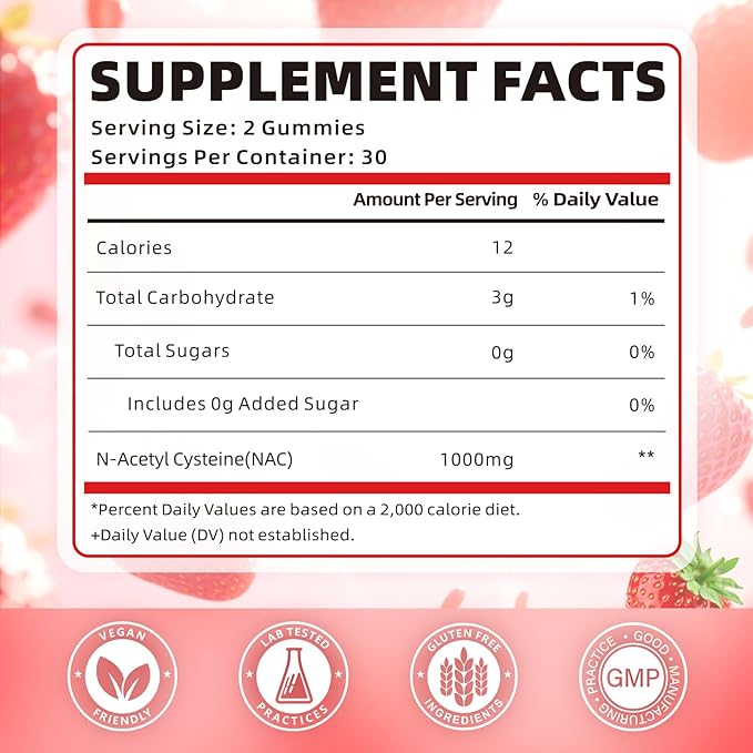 softbear NAC Gummies for Kids & Adults, NAC Supplement 1000mg N Acetyl Cysteine Supports Lung & Liver Health, Antioxidants & Immune System, Strawberry Flavor 60 Count