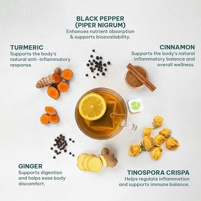 Anti Inflammatory Tea – Black Pepper Turmeric Ginger Cinnamon Tea Bags for Joint Support, Digestion & Immune Wellness, 100% Organic & No Sugar, No Caffeine Natural Anti Inflammatory Herbal Tea 60 Bags