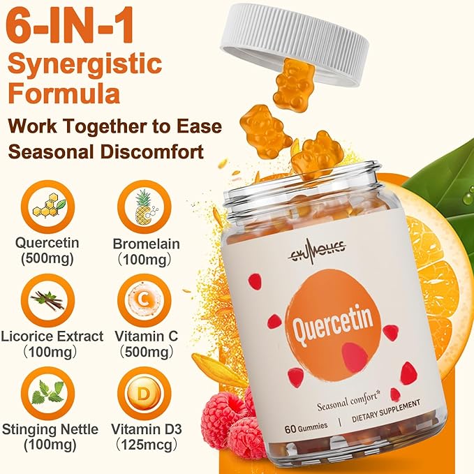 Quercetin 500mg Gummies for Kids – with Bromelain, Vitamin C & D3, Stinging Nettle & Licorice, Seasonal Balance & Body Defenses, Vegan, 120 Gummies