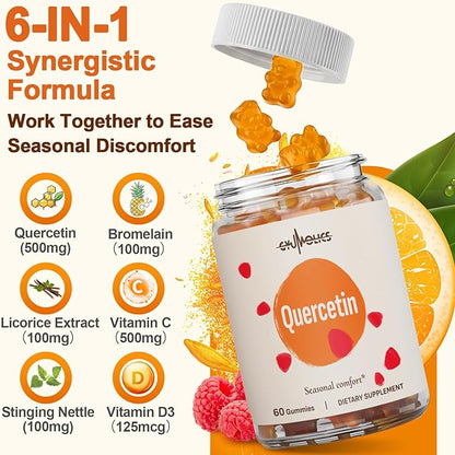 Quercetin 500mg Gummies for Kids – with Bromelain, Vitamin C & D3, Stinging Nettle & Licorice, Seasonal Balance & Body Defenses, Vegan, 120 Gummies