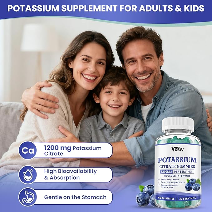 Potassium Citrate 1200mg Gummies for Adults Women & Men, Chewable Potassium Supplement for Muscle Health & Electrolyte Support, Sugar Free, Blueberry Flavor, 120 Count