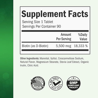 BioSchwartz Bariatric Biotin Chewable Tablets - 5500mcg Biotin per Serving - Green Apple Flavor, 3 Month Supply - Sugar-Free Hair Skin Nails Vitamins for Women for Post-Bariatric Care - 90 Servings