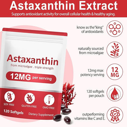 Astaxanthin Supplements,12mg Astaxanthin Natural Anti-Aging Formula - Supports Eyes, Joint, Internal Circulation & Skin Health, Non-GMO Non-Gluten