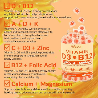 WEEVIT Vitamin D3 B12 Gummies, Vitamin D and B12 Gummy Suppment with Vitamin A, C, K, Calcium, Magnesium, Zinc for Women & Men
